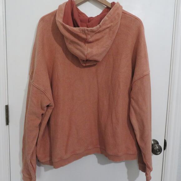 Aerie Women Sz XXL Orange Salmon Ribbed Drawstring Hoodie Boxy Cotton Sweatshirt - Picture 2 of 5